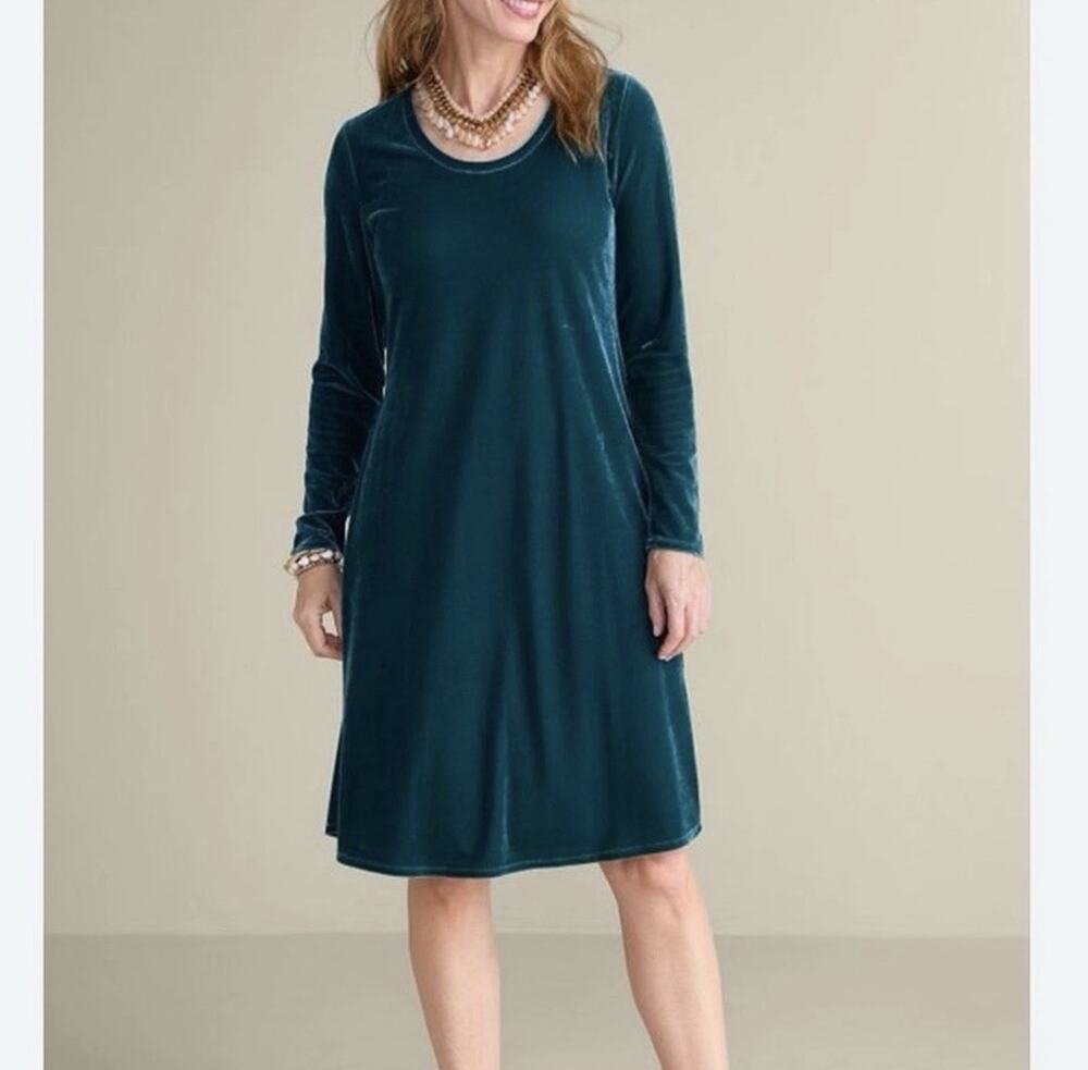 New Soft Surroundings Women Velvet Dress Knee Length XS Stretch Velour Green Af5